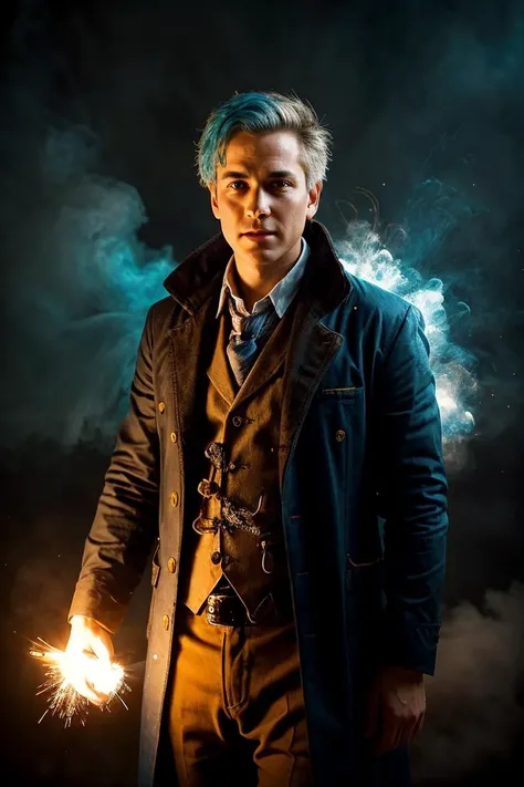 a profesional picture of 1man Dr. Alistair "Cogsworth": A genius inventor with mismatched eyes (one sapphire blue, the other a whirring mechanical contraption) and an unruly shock of white hair. His lab coat, permanently stained with strange concoctions, hides countless gadgets and tools. His mind races with clockwork precision, constantly tinkering and innovating. A gentle soul despite his eccentric appearance, he seeks to improve the world with his inventions, often with humorous (and sometimes explosive) results. BREAK, realistic, perfect quality, best quality, ultrasharp, ultradetailed, perfect quality, masterpiece, intricated details, <lora:add_detail:0.4>, punk, <hypernet:sxzBloom_sxzBloom:0.3>, <lora:splashes_v.1.1:0.5> Splash, splashes, splashing, explosion, exploding <lora:Smoke:0.3> smoke, smokkk, colorfull cyan, hotify, vivid colors