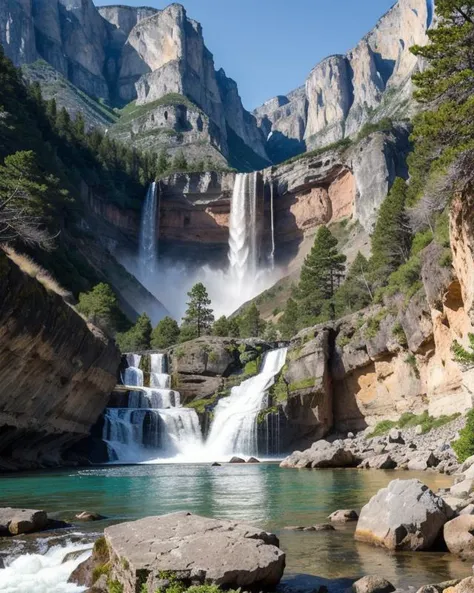 A detailed photograph of a roaring waterfall, capturing the cascading water, intricate rock formations, and the power and beauty of nature.