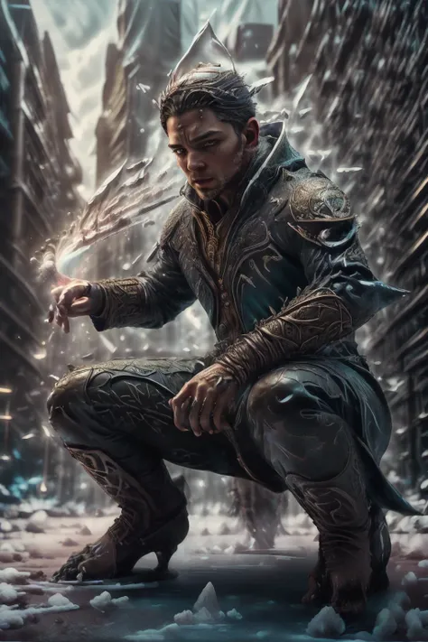 a profestional picutre of 1man, <lora:Concept - Cryomancer:0.7> a powerfull wizard , ice-flurry, ice-shard, snow, cast winter magic , <lora:EbonyGoldAI:1.2> ebonygoldai Curious Crouch: Crouching down to examine something, their fingers may touch the ground as they inspect a detail with intrigue. Their eyes are sharp, and their brow furrows. , camera angle perspective and focus on full body, photorealism,unreal 5 daz,perfectly drawed hands,perfectly drawed face,perfect body,extremely detailed artgerm greg rutkowski greg,((ultrasharp)),((masterpiece)),((best quality)),((ultradetailed)),((intricated details)),ultradetailed character,detailed face,intricated face details,<lyco:GoodHands-beta2:1>,extremaly detailed background,perfectly detailed face,character focus,intricated details of face,fFaceDetail <lora:add_detail:0.7> ultra realistic,32k,RAW photo,(high detailed skin:1.2),8k uhd,dslr,soft lighting,high quality,film grain, beautiful and aesthetic,extremely detailed <hypernet:sxzBloom_sxzBloom:1>,8k, extremely_clear,