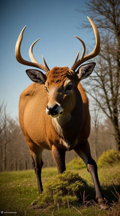 an concept art of alchemic element - European Red Deer (Cervus elaphus): A magnificent cervid with a stately appearance. The male, or stag, possesses majestic antlers that crown its head like a regal emblem. The dense coat varies in color from rich red-brown in summer to a grayer hue in winter, blending harmoniously with the changing seasons. The graceful, yet robust body is supported by strong, slender legs, enabling it to traverse the diverse terrain of Poland with ease. In this enchanting scene, the camera floats gracefully just inches away from the subject, immersing us in a world of intricate details and captivating magic. The soft glow of a mystical light source casts a mesmerizing aura, gently caressing every curve and edge, illuminating the scene with an ethereal radiance., in nature habitat, rim lights, digital art, focus on subject, duch angle, clsoe shot, closeup, masterpiece, ultrasharp, intricated details