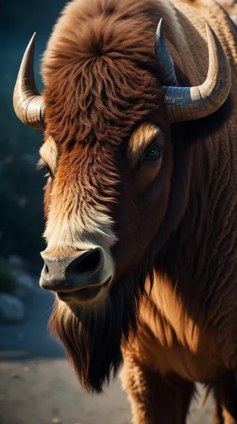 an concept art of alchemic element - European Bison (Bison bonasus): A majestic and robust mammal with a hump on its shoulders and a thick, dark brown fur coat. The large, curved horns in both males and females add to their impressive appearance. The camera's angle frames the subject in a way that unveils its essence, unveiling secrets that lie within its form. Shadows and highlights create a harmonious symphony, revealing an extraordinary interplay of light and darkness, unveiling layers of depth that leave us captivated., in nature habitat, rim lights, digital art, focus on subject, duch angle, clsoe shot, closeup, masterpiece, ultrasharp, intricated details