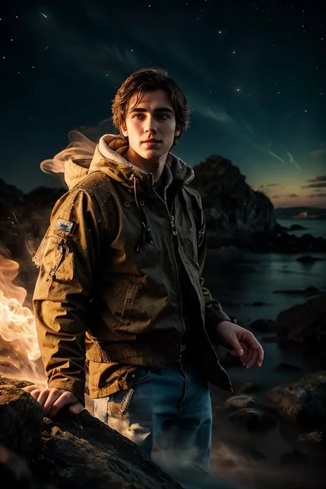 a profesional picture of 1man Lucian "Stargazer": A young astronomer with eyes like distant galaxies and a mop of windblown brown hair. He spends his nights perched atop the highest tower, his telescope pointed towards the heavens, lost in the wonder of the cosmos. His gentle smile reflects his childlike curiosity, always seeking to unlock the secrets of the universe. His nights are filled with calculations and star charts, his days with lectures and debates, sharing his passion for the vast unknown with all who will listen. BREAK, realistic, perfect quality, best quality, ultrasharp, ultradetailed, perfect quality, masterpiece, intricated details, <lora:add_detail:0.4>, punk, <hypernet:sxzBloom_sxzBloom:0.3>, <lora:splashes_v.1.1:0.5> Splash, splashes, splashing, explosion, exploding <lora:Smoke:0.3> smoke, smokkk, colorfull cyan, hotify, vivid colors