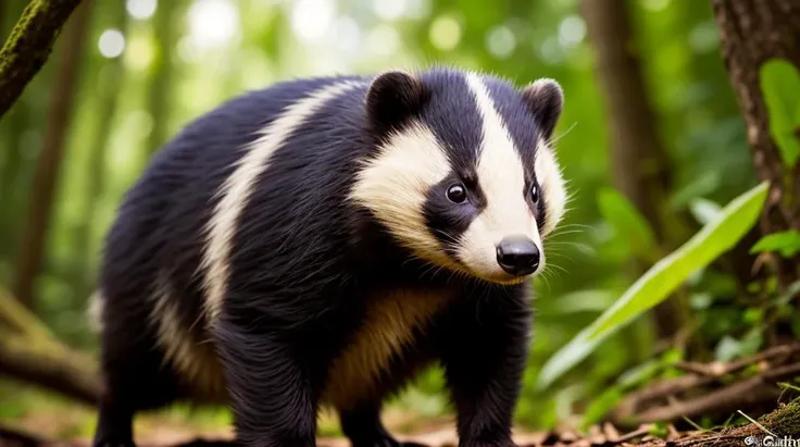 an concept art of alchemic element - European Badger (Meles meles): A stout and sociable mammal with a distinctive black and white striped face that sets it apart from its woodland counterparts. The subject stands proudly as the center of attention, bathed in the tender glow. The light plays with shadows, creating a dance of artistry on its surface, emphasizing even the tiniest nuances that make it unique. A halo of brilliance surrounds the subject, enhancing its elegance and evoking a sense of wonder and mystery., in nature habitat, rim lights, digital art, focus on subject, duch angle, clsoe shot, closeup, masterpiece, ultrasharp, intricated details
