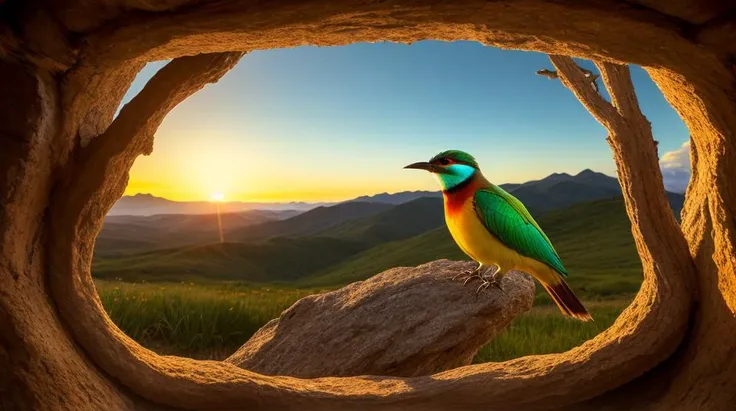 an concept art of alchemic element - European Bee-eater (Merops apiaster): A vibrantly colored bird with a golden-yellow throat and belly, turquoise wings, and a reddish-brown back. The long, pointed bill aids in catching flying insects. As the magical light cascades over the scene, it accentuates the scene's enchantment, instilling a sense of awe and delight. Every detail sparkles with a touch of the extraordinary, while the background fades into an alluring blur, focusing our gaze solely on the captivating subject., in nature habitat, rim lights, digital art, focus on subject, duch angle, clsoe shot, closeup, masterpiece, ultrasharp, intricated details