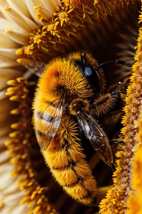 art by Hope Gangloff   Bee Pollen on Fur: Extreme close-up of pollen clinging to a bee's fur, revealing its vibrant colors and intricate pollen grains. (macro, detailed, colorful, hairy)