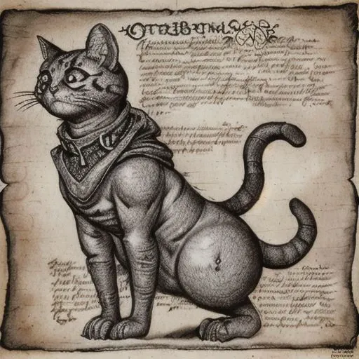forgotten_pages a drawing of a cat as an enemy from dungeons and dragons "bestiary", a list of his abilities including "stealth", "sneak attack", "meow until fed", "zoomies"