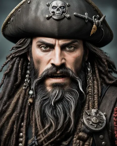 Hyper-detailed award winning photograph of blackbeard the pirate, daunting, threatening, muted colour scheme, 50mm lens f/1.8, award winning image, 8k HiRes,