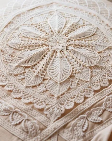 A close-up photograph of a piece of intricate lacework, showcasing the delicate patterns, fine threads, and meticulous craftsmanship that goes into creating such detailed textile art.