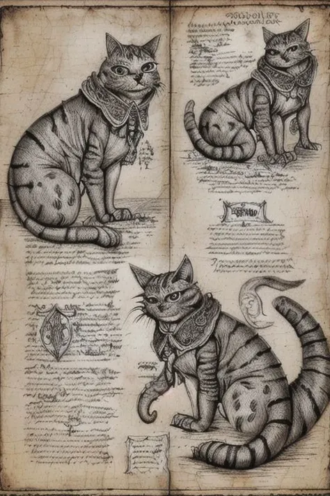 forgotten_pages a drawing of a cat as a monster from dungeons and dragons bestiary, a list of his abilities including "stealth", "sneak attack", "meow until fed", "zoomies"