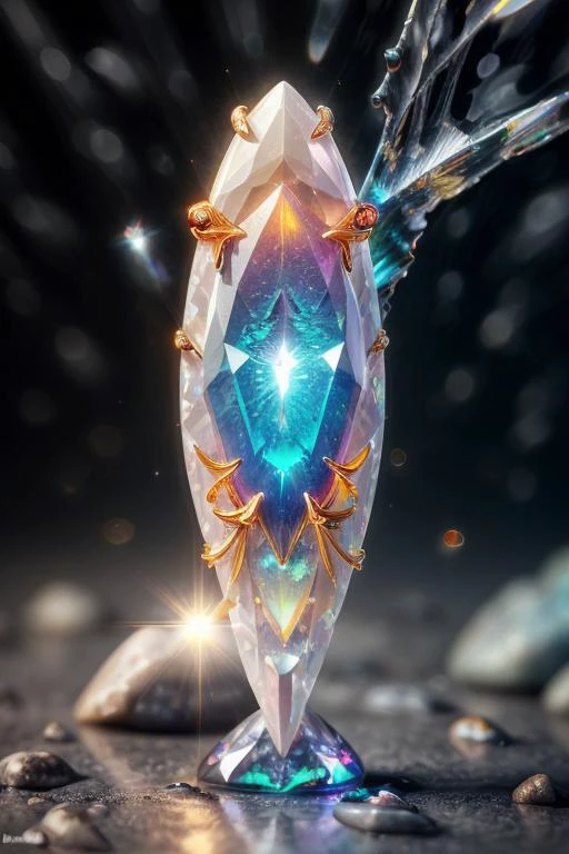 art by Daniela Uhlig a profesional photo of gem stone, focus on details and material Thunderbird's Wing Opal: A gemstone with a shimmering, iridescent appearance, believed to be a feather from a thunderbird's wing turned to stone. close up, macro photography on balck velwet background,8k, ultrasharp, ultradetailed, perfect quality, masterpiece, intricated details, ultra clear, <lora:add_detail:0.7>, <hypernet:sxzBloom_sxzBloom:0.3>, vivid colors wallpaper <lora:ral-melting:0.57> ral-melting no humans