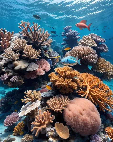 A detailed photograph of a vibrant coral reef, showcasing the intricate formations, diverse marine life, and the brilliant colours of the underwater ecosystem.