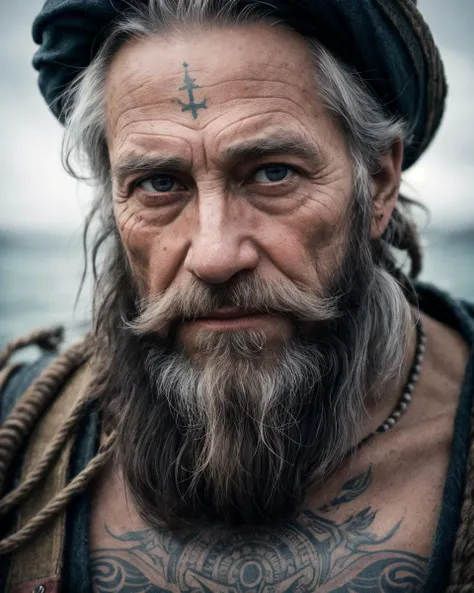 Hyper detailed photograph of a captivating portrait of a wise and weathered old sailor, adorned with nautical tattoos and a rugged expression that tells tales of countless voyages, award winning realistic photograph by the world best portrait photographer, vivid fantasy colours, nikon, award winning, breathtaking, groundbreaking, superb, outstanding, lensculture landscape awards, photoshopped, dramatic lighting, 8 k, hi res