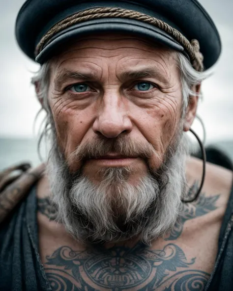 Hyper detailed photograph of a captivating portrait of a wise and weathered old sailor, adorned with nautical tattoos and a rugged expression that tells tales of countless voyages, award winning realistic photograph by the world best portrait photographer, vivid fantasy colours, nikon, award winning, breathtaking, groundbreaking, superb, outstanding, lensculture landscape awards, photoshopped, dramatic lighting, 8 k, hi res