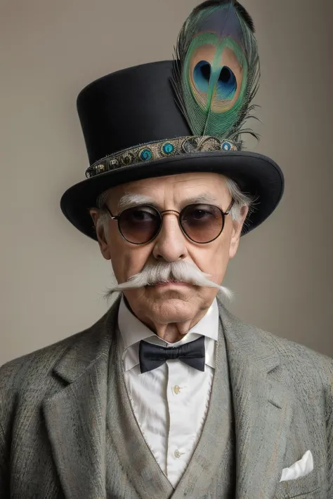 hyper detailed photograph of a cool chilled confident elderly Victorian 1gentleman with an extravagant large straight symmetrical 1moustache,  wearing round 1sunglasses,  peacock feather in hat,  muted pastel colour scheme,  studio lighting,  plain background, StokeRealV1, <lora:EMS-45276-EMS:0.800000>