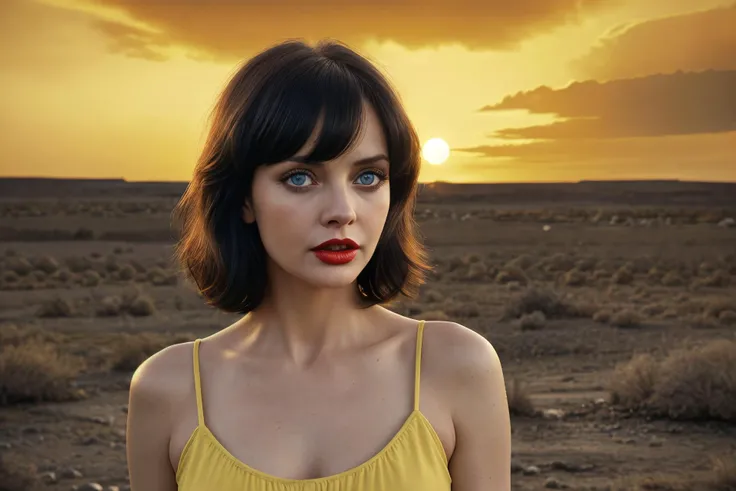 portrait photograph of (Heather Graham:0.8) (young Britt Ekland:0.9), black uberbob haircut | blue eyes | red lipstick | she is wearing a yellow Summer dress | background is a desolate apocalyptic smouldering wasteland with dramatic sky, vignette