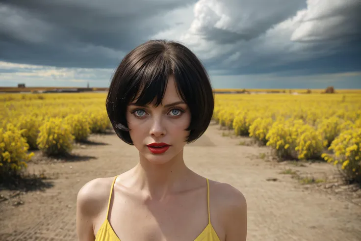 portrait photograph of (Heather Graham:0.8) (young Britt Ekland:0.9), black uberbob haircut | blue eyes | red lipstick | she is wearing a yellow Summer dress | background is a desolate apocalyptic smouldering wasteland with dramatic sky, vignette