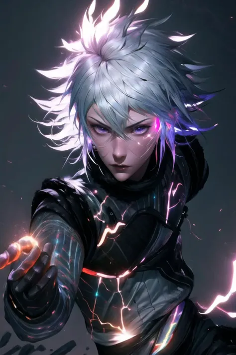 Highly detailed, High Quality, Masterpiece, beautiful, 1boy, <lora:Char_Nier_Brother:0.7>, white hair, <lora:Other_MoreDetails:0.5>, Embark on a color rhapsody, with swirling movements, rhythmic brushwork, and harmonious yet unpredictable color combinations that create a composition alive with visual dynamism and chaos, Surrounded by lighting, Lightning glowing, Tiny spark lightning, Purple lightning, <lora:VFX_Lightning:0.2>, glow hair, multicolored hair , <lora:VFX_IridescentHair:0.6>, (EnergyVeins:1.4), glowing, <lora:Pos_EnergyVeins:1>, close-up