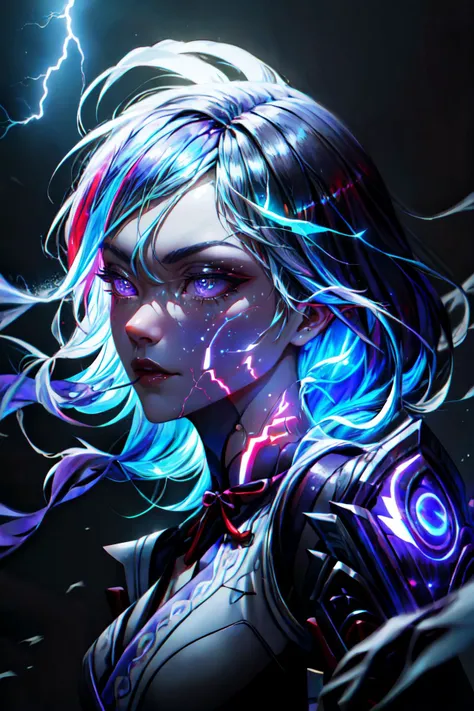 Highly detailed, High Quality, Masterpiece, beautiful, sharp focus, Raiden_Shogun_\(genshin impact\), Raiden_Shogun:1.2, blue hair, long hair, <lora:Char_GenshinImpact_RaidenShogun:0.8>, <lora:Other_MoreDetails:0.5>, Embark on a color rhapsody, with swirling movements, rhythmic brushwork, and harmonious yet unpredictable color combinations that create a composition alive with visual dynamism and chaos, Surrounded by lighting, Lightning glowing, Tiny spark lightning, Purple lightning, <lora:VFX_Lightning:0.2>, glow hair, multicolored hair , <lora:VFX_IridescentHair:0.6>, (EnergyVeins:1.4), glowing, <lora:Pos_EnergyVeins:1>, close-up