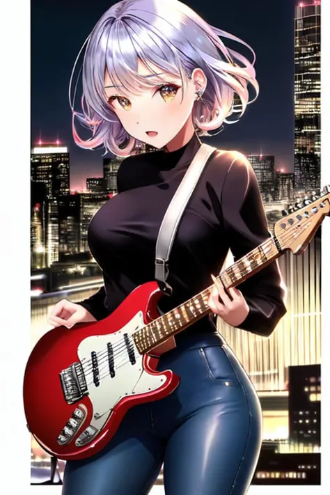 Masterpiece, best quality, 1girl with short curly hair in a bold shade of purple, wearing a red and black leather jacket and high-waisted skinny jeans, holding a silver electric guitar and standing on a rooftop at night with a city skyline in the background. <lora:iridescent_hair:0.9>
