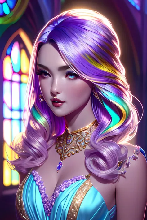 Masterpiece, best quality, 1girl, with curly pink hair and stunning green eyes, wearing a flowing, pastel-colored summer dress and holding a basket of fresh flowers, standing in a sunny field with a gentle breeze blowing her hair and dress <lora:iridescent_hair:0.7> glow hair, multicolor hair,