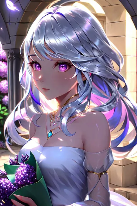 Masterpiece, best quality, 1girl, with iridescent silver hair styled in twin braids, beautiful purple eyes, wearing a flowing white dress with gold accents and holding a bouquet of lilacs, standing in a lush garden with a stone archway in the background. <lora:iridescent_hair:0.7> glow hair, multicolor hair