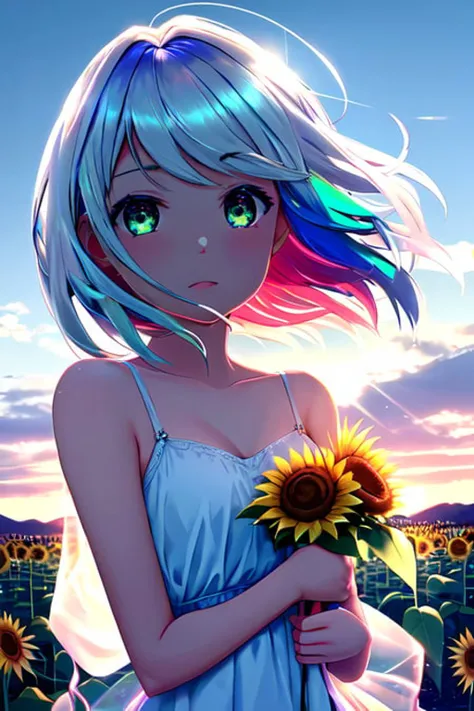 1girl with a unique hair color that fades from electric blue to bright pink, styled in a messy bob cut, green eyes, wearing a white sundress with a floral pattern, holding a bouquet of pink and white flowers, standing in a sunflower field on a sunny day <lora:iridescent_hair:0.7> glow hair, multicolor hair