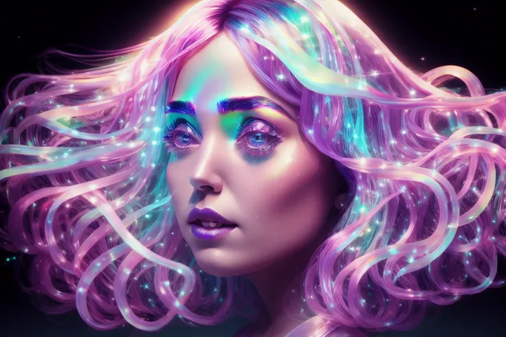 masterpiece, best quality, realistic, (wide-angle), (solo), 1 girl, 1 woman, 1, clear image, bioluminescent details, shimmering light, subsurface scattering, wide hips, thick thighs, female, night, long kimono, (((two tone hair color))), very long hair, glowing, glow hair tips, crystal (iridescent:1.3) hair, (Divine:1.3), (Arms up:1.3), (iridescent:1.3), (Divine:1.3) <lora:glassHairWIPRead_v1:0.5> <lora:iridescentHairLORA_v1:0.5>