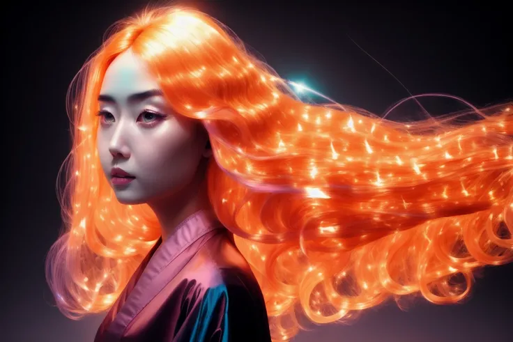 masterpiece, best quality, realistic, (wide-angle), (solo), 1 girl, 1 woman, 1, clear image, bioluminescent details, shimmering light, subsurface scattering, wide hips, thick thighs, female, night, long kimono, (((two tone hair color))), very long hair, glowing, glow hair tips, crystal (orange:1.3) hair, (Fire in the Sky:1.3), (Dancing:1.3), (orange:1.3), (Fire in the Sky:1.3) <lora:glassHairWIPRead_v1:0.5> <lora:iridescentHairLORA_v1:0.5>