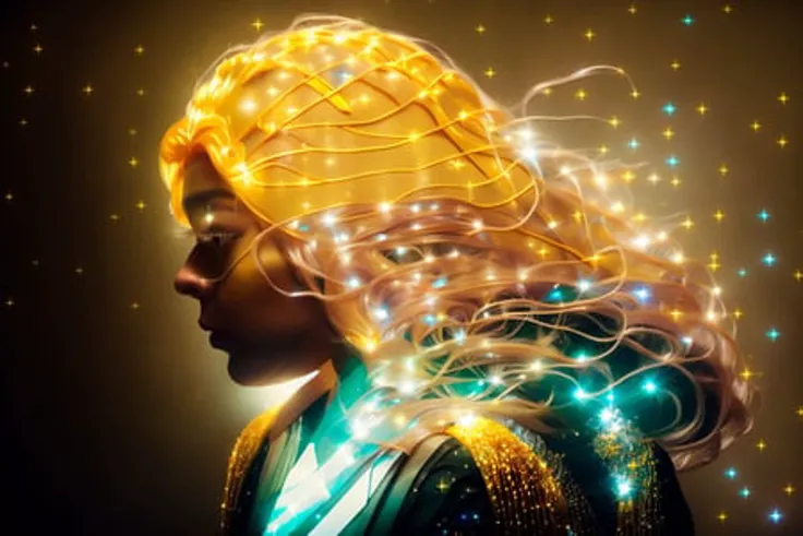 masterpiece, best quality, realistic, (wide-angle), (solo), clear image, bioluminescent details, shimmering light, subsurface scattering, wide hips, thick thighs, female, night, long kimono, two tone hair color, black and red hair, very long hair, glowing, glow hair tips, crystal (yellow:1.3) hair, (Mecha:1.3), (Looking over shoulder:1.3), (yellow:1.3), (Mecha:1.3) <lora:glassHairWIPRead_v1:0.6> <lora:iridescentHairLORA_v1:0.6>