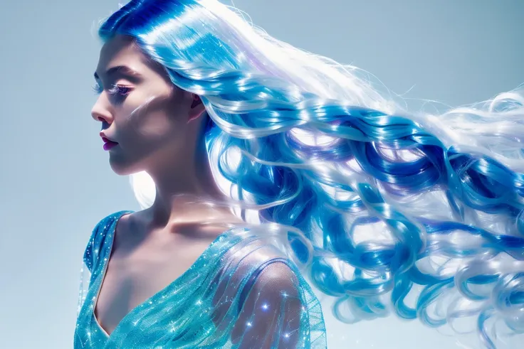 masterpiece, best quality, realistic, (wide-angle), (solo), 1 girl, 1 woman, 1, clear image, bioluminescent details, shimmering light, subsurface scattering, wide hips, thick thighs, female, night, long kimono, two tone hair color, black and red hair, very long hair, glowing, glow hair tips, crystal (blue:1.3) hair, (Divine:1.3), (Dancing:1.3), (blue:1.3), (Divine:1.3) <lora:glassHairWIPRead_v1:0.6> <lora:iridescentHairLORA_v1:0.6>