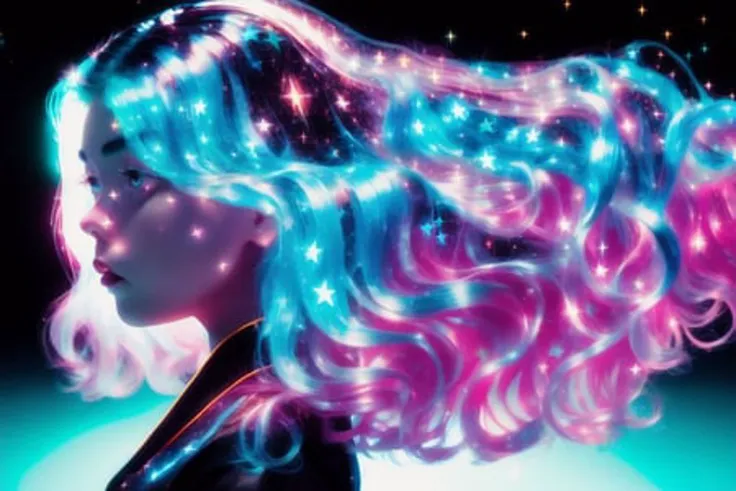 masterpiece, best quality, realistic, (wide-angle), (solo), 1 girl, 1 woman, 1, clear image, bioluminescent details, shimmering light, subsurface scattering, wide hips, thick thighs, female, night, long kimono, two tone hair color, (((black and red hair))), very long hair, glowing, glow hair tips, crystal (cyan:1.3) hair, (Stars:1.3), (Action pose:1.3), (cyan:1.3), (Stars:1.3) <lora:glassHairWIPRead_v1:0.5> <lora:iridescentHairLORA_v1:0.5>