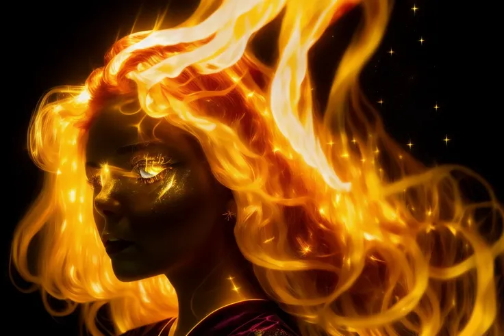 masterpiece, best quality, realistic, (wide-angle), (solo), 1 girl, 1 woman, 1, clear image, bioluminescent details, shimmering light, subsurface scattering, wide hips, thick thighs, female, night, long kimono, two tone hair color, (((black and red hair))), very long hair, glowing, glow hair tips, crystal (yellow:1.3) hair, (Fire in the Sky:1.3), (Arms up:1.3), (yellow:1.3), (Fire in the Sky:1.3) <lora:glassHairWIPRead_v1:0.6> <lora:iridescentHairLORA_v1:0.6>