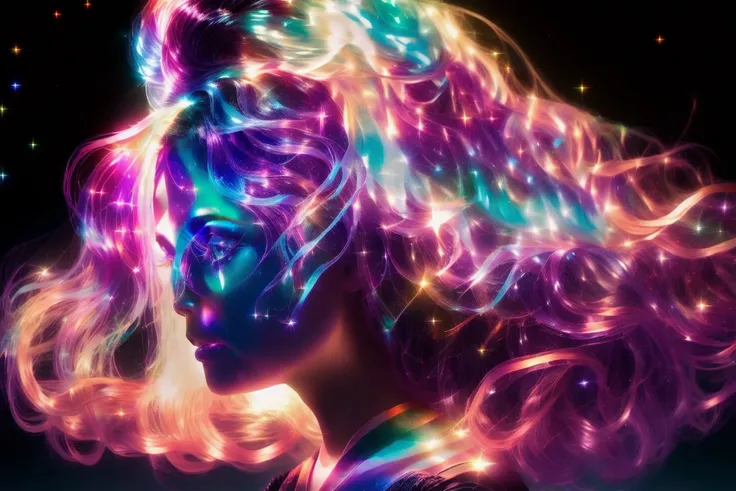 masterpiece, best quality, realistic, (wide-angle), (solo), 1 girl, 1 woman, 1, clear image, bioluminescent details, shimmering light, subsurface scattering, wide hips, thick thighs, female, night, long kimono, two tone hair color, (((black and red hair))), very long hair, glowing, glow hair tips, crystal (iridescent:1.3) hair, (Fire in the Sky:1.3), (Arms up:1.3), (iridescent:1.3), (Fire in the Sky:1.3) <lora:glassHairWIPRead_v1:0.6> <lora:iridescentHairLORA_v1:0.6>