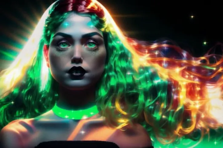 masterpiece, best quality, realistic, (wide-angle), (solo), 1 girl, 1 woman, 1, clear image, bioluminescent details, shimmering light, subsurface scattering, wide hips, thick thighs, female, night, long kimono, two tone hair color, (((black and red hair))), very long hair, glowing, glow hair tips, crystal (green:1.3) hair, (Divine:1.3), (Action pose:1.3), (green:1.3), (Divine:1.3) <lora:glassHairWIPRead_v1:0.6> <lora:iridescentHairLORA_v1:0.6>