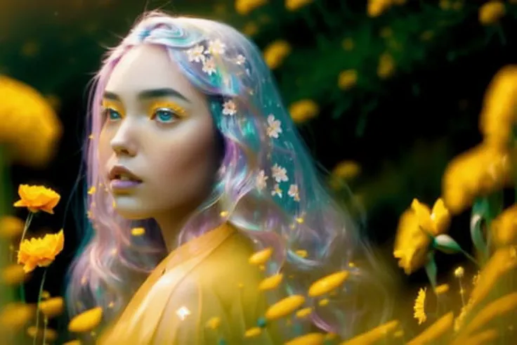 masterpiece, best quality, realistic, (wide-angle), (solo), 1 girl, 1 woman, 1, clear image, bioluminescent details, shimmering light, subsurface scattering, wide hips, thick thighs, female, night, long kimono, (((two tone hair color))), very long hair, glowing, glow hair tips, crystal (yellow:1.3) hair, (Field of Flowers:1.3), (Arms on hips:1.3), (yellow:1.3), (Field of Flowers:1.3) <lora:glassHairWIPRead_v1:0.5> <lora:iridescentHairLORA_v1:0.5>
