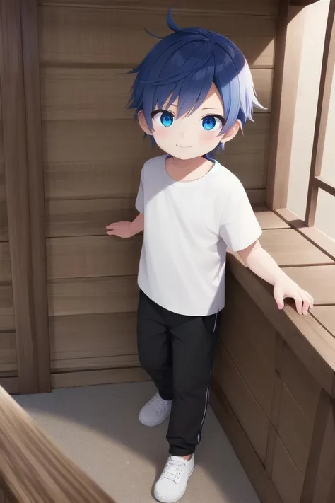 <lora:cute1-000020:0.7>
one boy standing alone in a wooden village, his eyes and hair are blue, his hair is short, he is wearing a white t-shirt and black box pants, outside,
full body, looking at viewer, smile,
The soft lighting and detailed surroundings create an immersive environment where imagination runs wild,
hyper-detailed, high quality visuals, dim Lighting, ultra-realistic, sharply focused, octane render, 8k UHD
