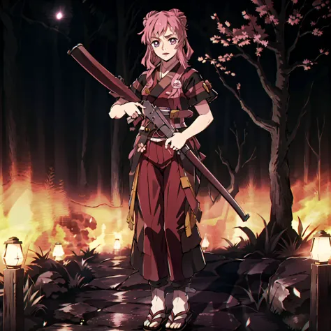 (sakura tree nighttime, gorgeous view)
(full body shot), sfw, (masterpiece), (best quality:1.0), (ultra highres:1.0), detailed eyes, detailed clothing texture, beautiful face, solo, Argilla, holding weapon, (leveraction), two buns, trigger discipline
striped haori, japanese clothes
kimetsu no yaiba style
<lora:Argilla_DDS:0.5> <lora:kimetsu_no_yaiba_style_offset:0.8>  <lora:leveraction:0.8>