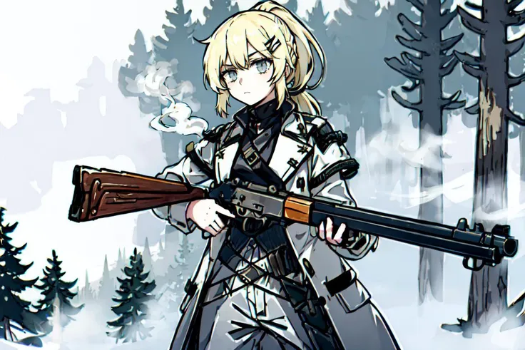 highres, highest quallity, 1girl, adult, solo, solo_focus, platinum blonde hair, blonde_eyes, ponytail, hairpin, solo_focus, arknights, white_theme, dust, smoke, fog, holding weapon, trigger discipline, dark,, coat, leveraction, antique firearm, holding weapon, trigger discipline, forest