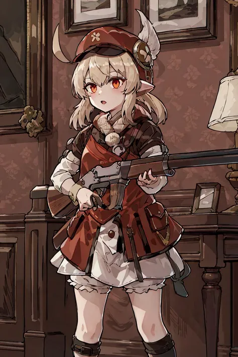 ((masterpiece,best quality)), <lora:klee1-000009:1>, kleedef, <lora:leveractionrifle-AOM2:1> leveraction, antique firearm, holding weapon,
