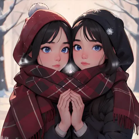 <lora:sharedscarf-calculater:0.6>, shared_scarf, 2girls, winter background || masterpiece, 8k, high resolution, shallow depth of field, sharp focus