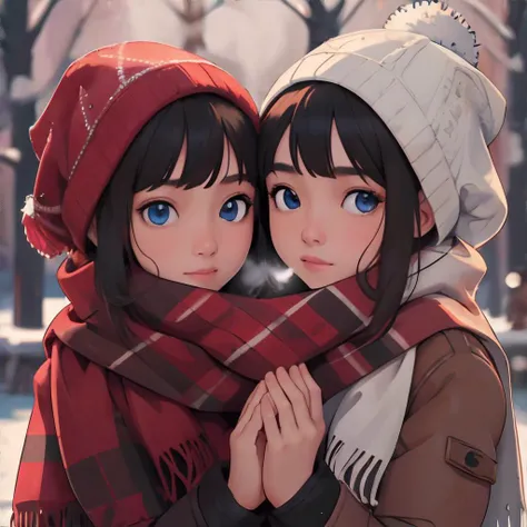 <lora:sharedscarf-calculater:0.6>, shared_scarf, 2girls, winter background || masterpiece, 8k, high resolution, shallow depth of field, sharp focus