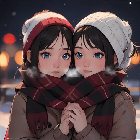<lora:sharedscarf-calculater:0.6>, shared_scarf, 2girls, winter background || masterpiece, 8k, high resolution, shallow depth of field, sharp focus