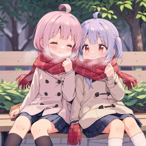masterpiece,ultra detail,best quality,,shared_scarf,school garden,bench<lora:onimai-cs1-dim8-4-loha:0.8>,mahiro,momiji, ahoge<lora:scarf1:0.8>,happy,winter,winter outfit