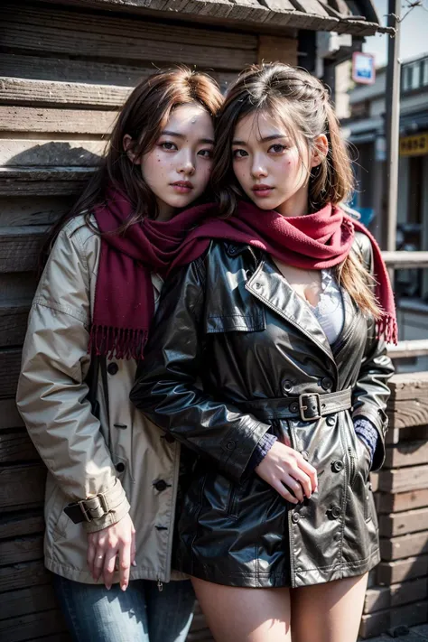(realistic:1.3), finely detailed, quality, rembrandt lighting, (masterpiece:1.2), (photorealistic:1.2), (best quality), (detailed skin:1.3), (intricate details), dramatic, ray tracing, 2girls, japanese girl, 21 years old, detailed skin texture, (blush:0.5), (goosebumps:0.5), subsurface scattering, smiling, medium breasts, updo hair, bangs, hair between eyes, (shared_scarf:1.2), red scarf, winter jacket, pantyhose, cowboy shot, (bright sunny day, outdoors, winter scene, snow),  <lora:scarf1:1>