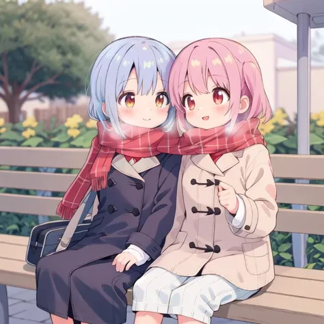 masterpiece,ultra detail,best quality,,shared_scarf,school garden,bench<lora:onimai-cs1-dim8-4-loha:0.8>,mahiro,momiji, <lora:scarf1:0.8>,happy,winter,winter outfit