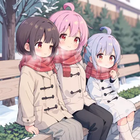 masterpiece,ultra detail,best quality,,shared_scarf,school garden,bench<lora:onimai-cs1-dim8-4-loha:0.8>,mahiro,momiji, ahoge<lora:scarf1:0.8>,happy,winter,winter outfit