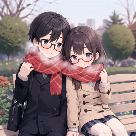 masterpiece,ultra detail,best quality,,shared_scarf,school garden,bench,boy and girl,glasses,blush,shy,join hands<lora:scarf1:0.8>looking each other,,winter,winter outfit