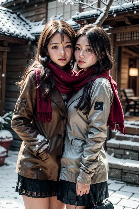 (realistic:1.3), finely detailed, quality, rembrandt lighting, (masterpiece:1.2), (photorealistic:1.2), (best quality), (detailed skin:1.3), (intricate details), dramatic, ray tracing, 2girls, japanese girl, 21 years old, detailed skin texture, (blush:0.5), (goosebumps:0.5), subsurface scattering, smiling, medium breasts, short hair curls, bangs, hair between eyes, (shared_scarf:1.2), red scarf, winter jacket, pantyhose, cowboy shot, standing back to back, from side, (bright sunny day, outdoors, winter scene, snow), <lora:scarf1:1>