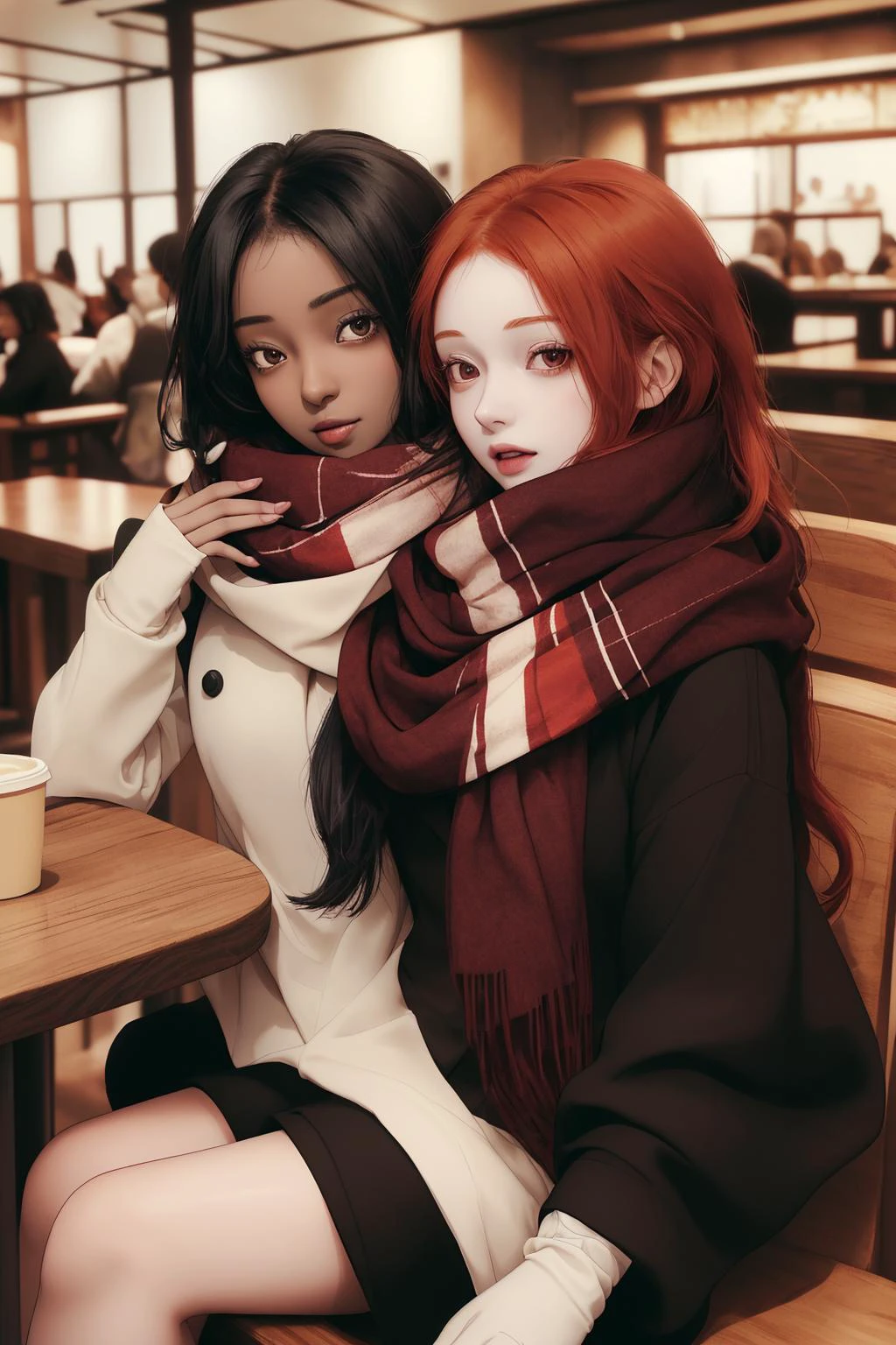 (2girls(pale skin red head girl, dark skin black hair girl)), red and white plaid shared_scarf, one scarf, sitting at a cafe drinking coffee, <lora:scarf1:1>