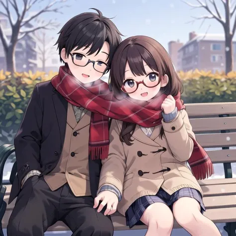 masterpiece,ultra detail,best quality,,shared_scarf,school garden,bench,boy and girl,glasses<lora:scarf1:0.8>,happy,winter,winter outfit
